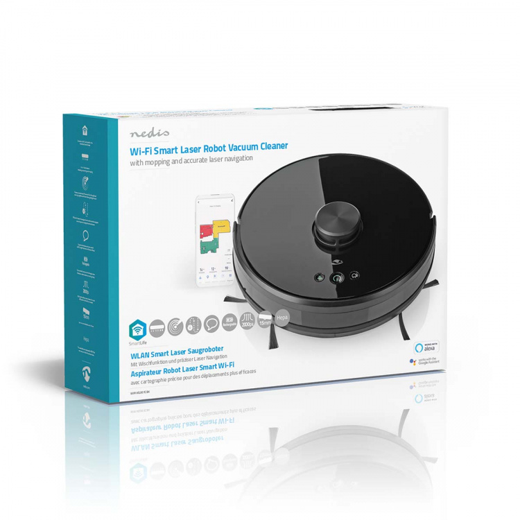 Nedis SmartLife Robot Pölynimuri | Laser-navigointi | Wi-Fi | Keräyssäiliön tilavuus: 0.6 l | Automaattinen lataus | Maksimi käyttöaika: 2 tuntia | Musta | Android™ / IOS