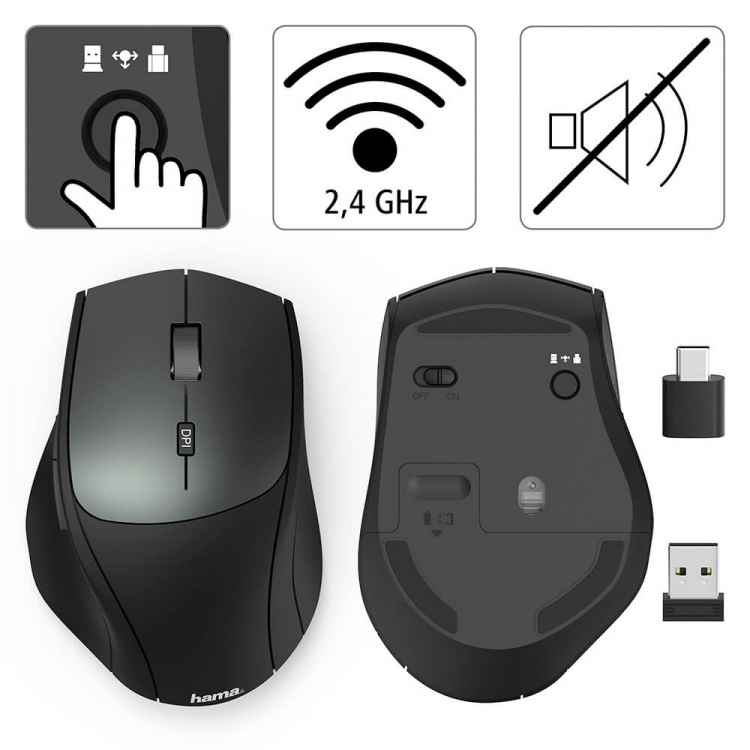 Hama Mouse Wireless Dual Mode USB-C/USB-A 6-button Black Hama Mouse Wireless Dual Mode USB-C/USB-A 6-button Black