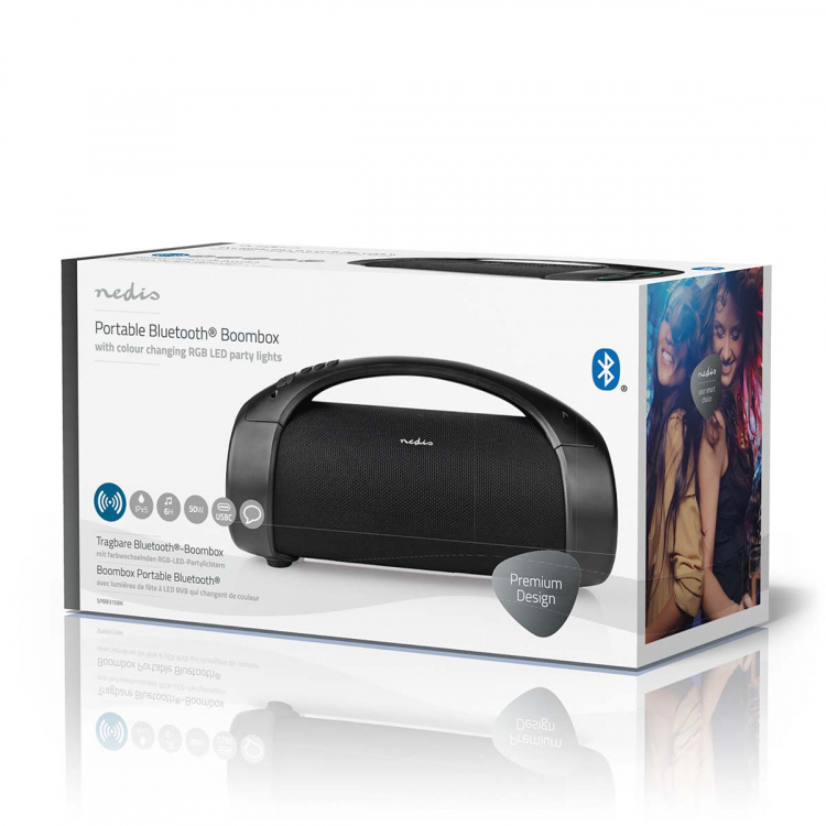 Nedis Bluetooth® Party Boombox | 6 tuntia | 2.0 | 150 W | Median toisto: AUX / USB | IPX5 | Linkitettävä | Kantokahva | Juhlavalot | Musta Nedis Bluetooth® Party Boombox | 6 tuntia | 2.0 | 150 W | Median toisto: AUX / USB | IPX5 | Linkitettävä | Kantokahva | Juhlavalot | Musta