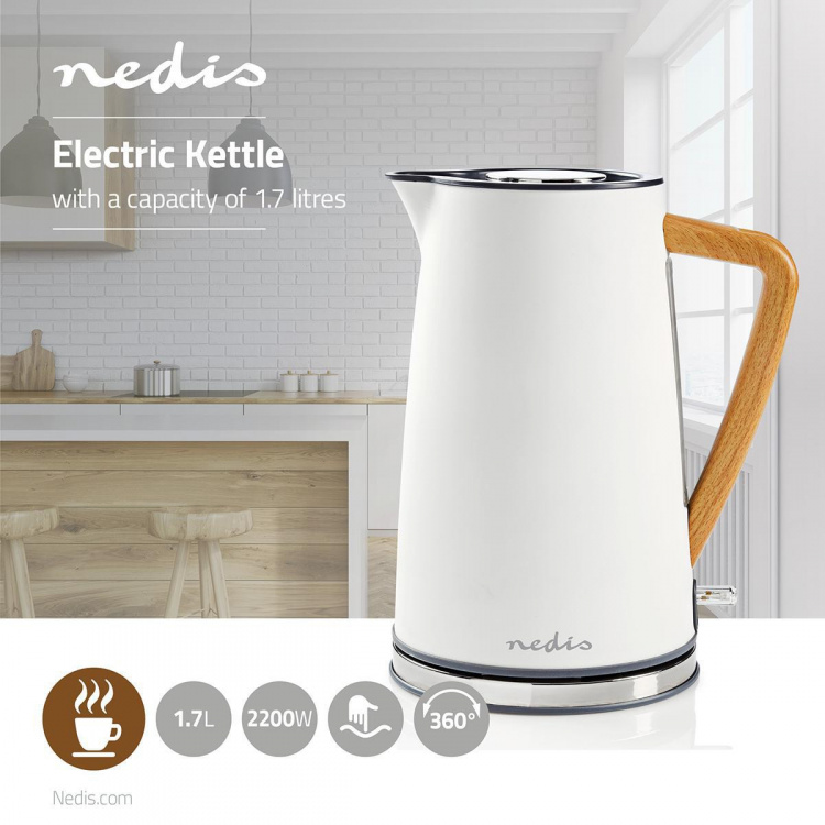 Nedis Vedenkeitin | 1.7 l | Soft-Touch | Valkoinen | Pyörivä 360 astetta | Piilotettu lämmityselementti | Strix® ohjain | Tyhjäksi kiehumisen suoja