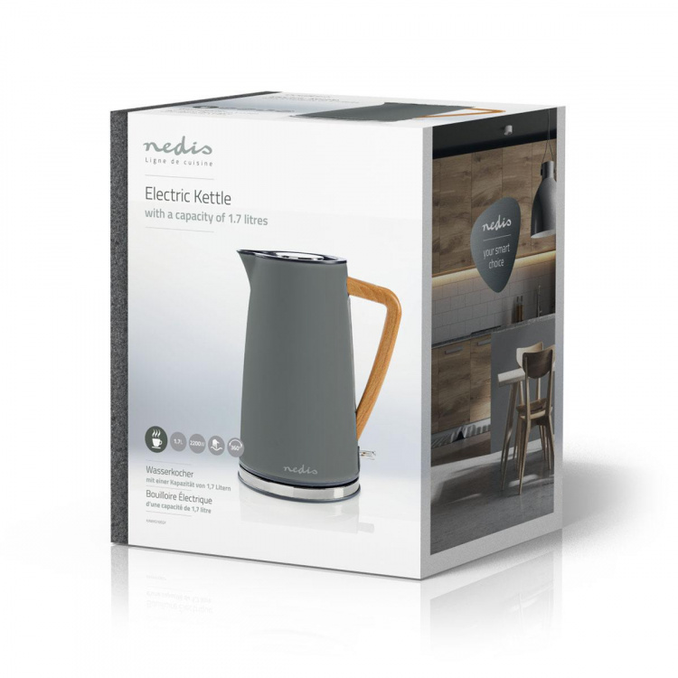 Nedis Vedenkeitin | 1.7 l | Soft-Touch | Harmaa | Pyörivä 360 astetta | Piilotettu lämmityselementti | Strix® ohjain | Tyhjäksi kiehumisen suoja