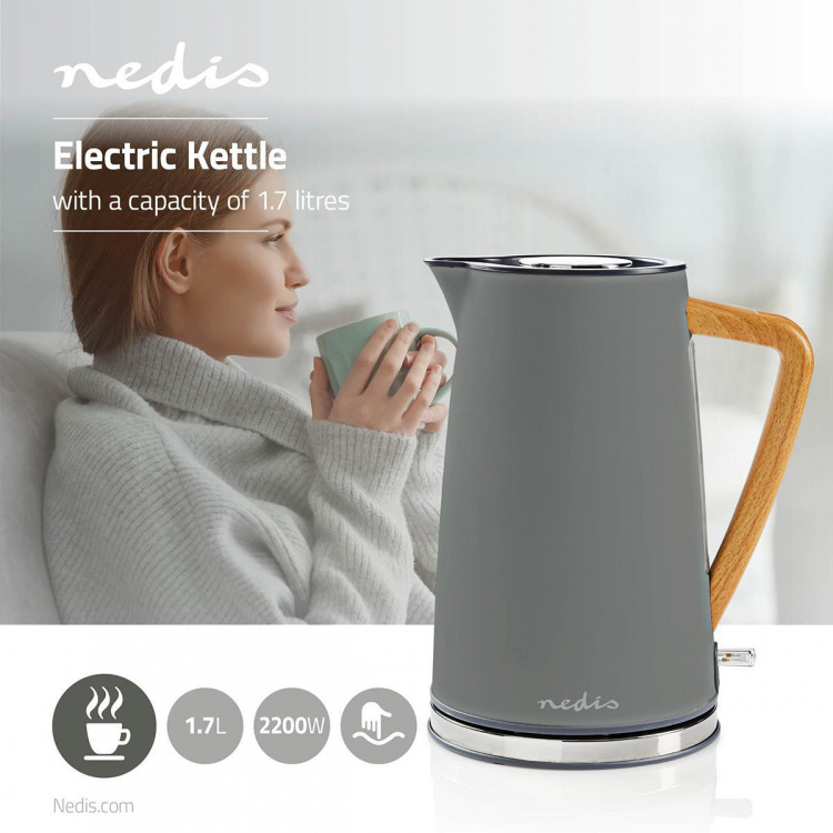 Nedis Vedenkeitin | 1.7 l | Soft-Touch | Harmaa | Pyörivä 360 astetta | Piilotettu lämmityselementti | Strix® ohjain | Tyhjäksi kiehumisen suoja