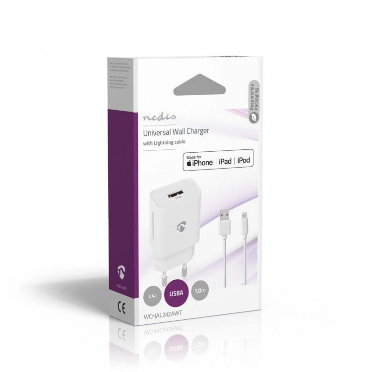 Nedis Seinälaturi | 12 W | Pikalataus-toiminto | 1x 2.4 A A | Lähtöliitäntöjen määrä: 1 | USB-A | Lightning 8-Pin (irrallinen) Kaapeli | 1.00 m | Single Voltage Output | Valkoinen