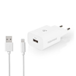 Nedis Seinälaturi | 12 W | Pikalataus-toiminto | 1x 2.4 A A | Lähtöliitäntöjen määrä: 1 | USB-A | Lightning 8-Pin (irrallinen) Kaapeli | 1.00 m | Single Voltage Output | Valkoinen