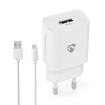 Nedis Seinälaturi | 12 W | Pikalataus-toiminto | 1x 2.4 A A | Lähtöliitäntöjen määrä: 1 | USB-A | Lightning 8-Pin (irrallinen) Kaapeli | 1.00 m | Single Voltage Output | Valkoinen