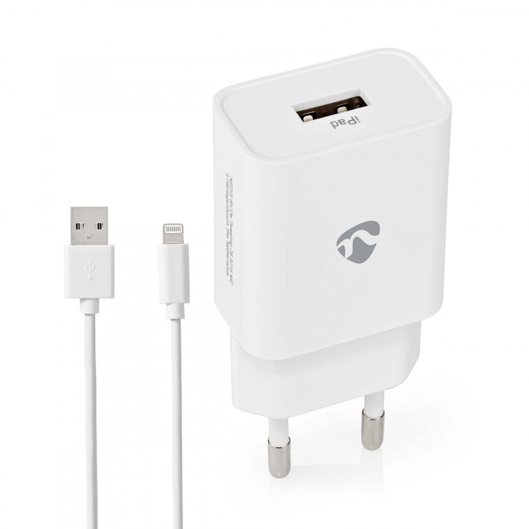 Nedis Seinälaturi | 12 W | Pikalataus-toiminto | 1x 2.4 A A | Lähtöliitäntöjen määrä: 1 | USB-A | Lightning 8-Pin (irrallinen) Kaapeli | 1.00 m | Single Voltage Output | Valkoinen
