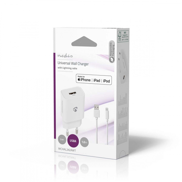 Nedis Seinälaturi | 12 W | Pikalataus-toiminto | 1x 2.4 A A | Lähtöliitäntöjen määrä: 1 | USB-A | Lightning 8-Pin (irrallinen) Kaapeli | 1.00 m | Single Voltage Output | Valkoinen