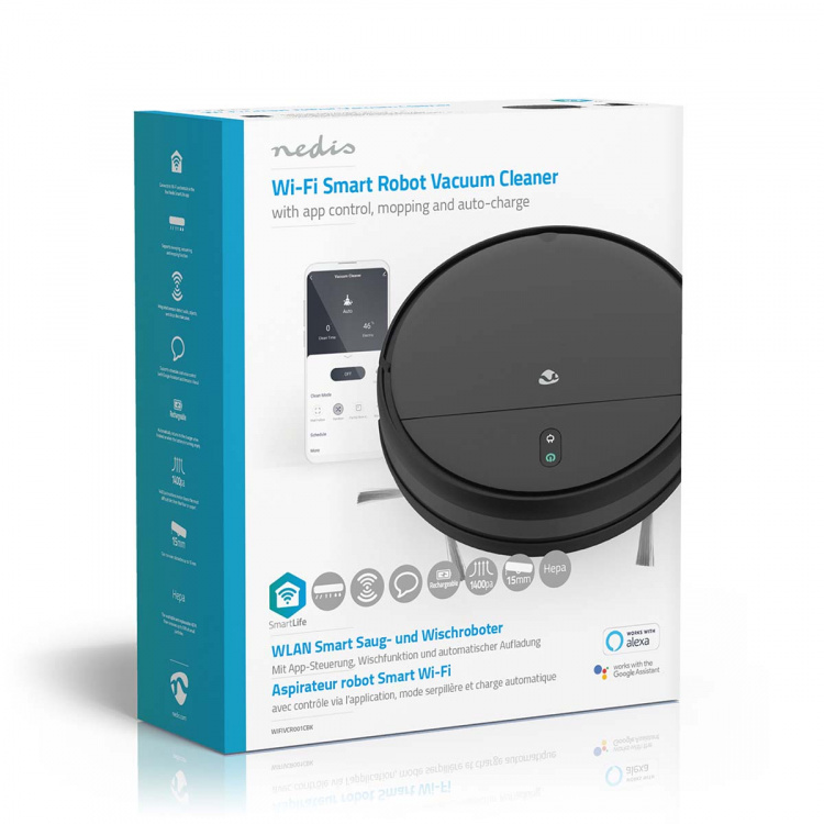Nedis SmartLife Robot Pölynimuri | Satunnainen | Wi-Fi | Keräyssäiliön tilavuus: 0.2 l | Automaattinen lataus | Maksimi käyttöaika: 1.8 tuntia | Musta | Android™ / IOS