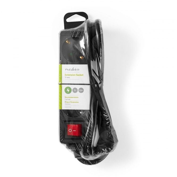 Nedis Jatkojohto | Maadoitettu virtaliitin / Tyyppi F (CEE 7/7) | 3-suuntainen | 1.50 m | 3680 W | 16 A | Maadoituksen tyyppi: Sivukontaktit | 230 V AC 50/60 Hz | Pistokannan kulma: 45 ° | H05VV-F 3G1.5mm² | On/off-kytkin | Musta