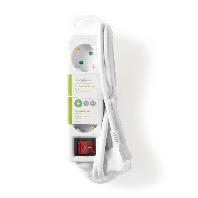 Nedis Jatkojohto | Maadoitettu virtaliitin / Tyyppi F (CEE 7/7) | 3-suuntainen | 1.50 m | 3680 W | 16 A | Maadoituksen tyyppi: Sivukontaktit | 230 V AC 50/60 Hz | Pistokannan kulma: 45 ° | H05VV-F 3G1.5mm² | On/off-kytkin | Valkoinen