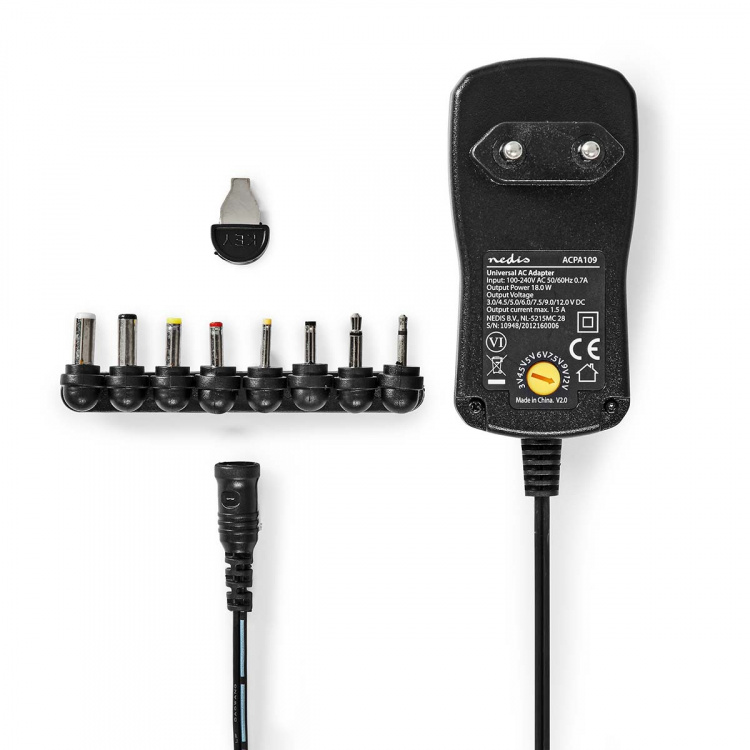 Nedis AC Yleisvirtalähde | 18 W | 3 - 12 V DC | 1.10 m | 1.5 A | 8 plug(s) | Musta Nedis AC Yleisvirtalähde | 18 W | 3 - 12 V DC | 1.10 m | 1.5 A | 8 plug(s) | Musta