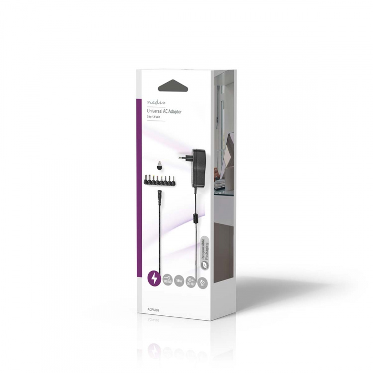 Nedis AC Yleisvirtalähde | 18 W | 3 - 12 V DC | 1.10 m | 1.5 A | 8 plug(s) | Musta Nedis AC Yleisvirtalähde | 18 W | 3 - 12 V DC | 1.10 m | 1.5 A | 8 plug(s) | Musta