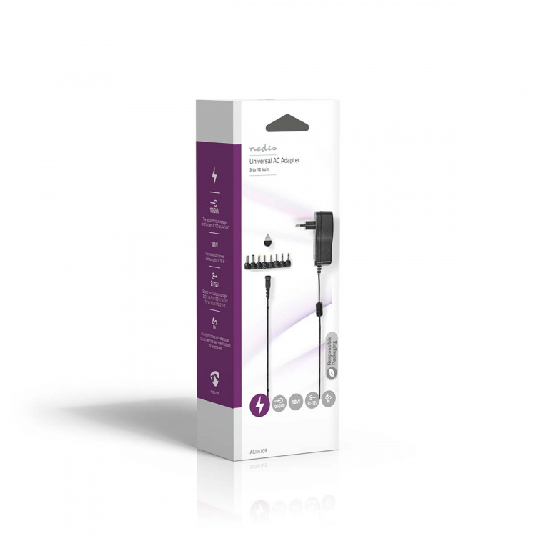 Nedis AC Yleisvirtalähde | 18 W | 3 - 12 V DC | 1.10 m | 1.5 A | 8 plug(s) | Musta Nedis AC Yleisvirtalähde | 18 W | 3 - 12 V DC | 1.10 m | 1.5 A | 8 plug(s) | Musta