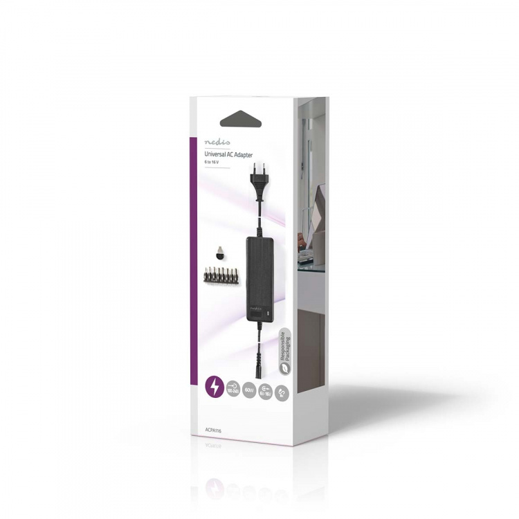 Nedis AC Yleisvirtalähde | 60 W | 6 - 16 V DC | 1.10 m | 5.0 - 5.2 A | 8 plug(s) | Musta