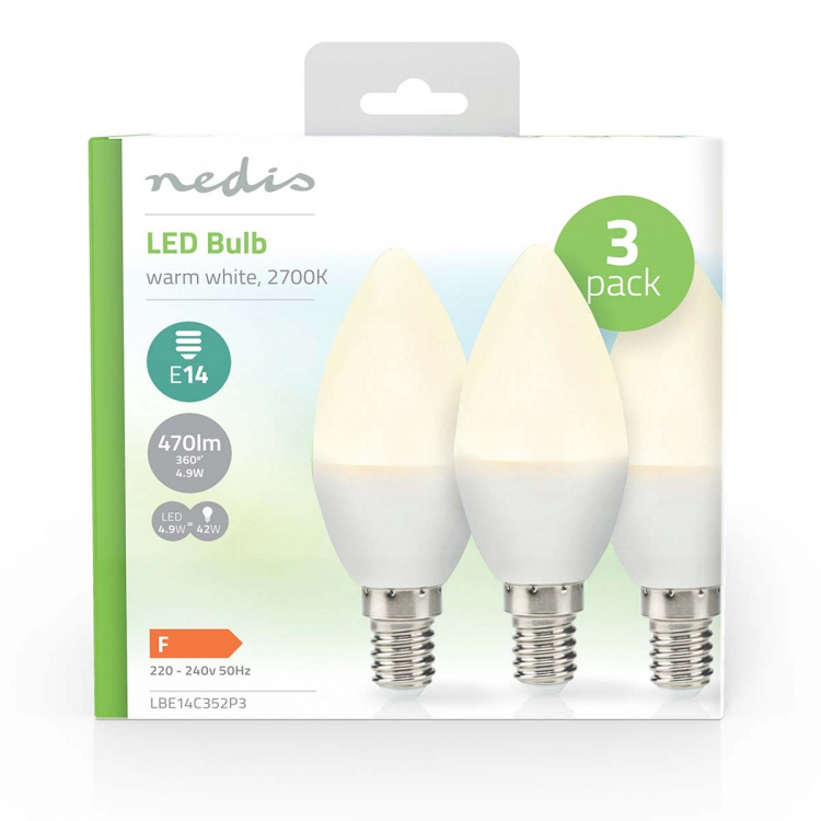 Nedis LED Lamppu E14 | Kynttilä | 4.9 W | 470 lm | 2700 K | Lämmin Valkoinen | Huurrettu | 3 kpl Nedis LED Lamppu E14 | Kynttilä | 4.9 W | 470 lm | 2700 K | Lämmin Valkoinen | Huurrettu | 3 kpl