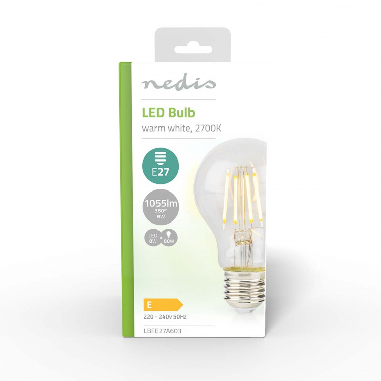 Nedis LED Filamenttilamppu E27 | A60 | 8 W | 1055 lm | 2700 K | Lämmin Valkoinen | Retrotyylinen | 1 kpl Nedis LED Filamenttilamppu E27 | A60 | 8 W | 1055 lm | 2700 K | Lämmin Valkoinen | Retrotyylinen | 1 kpl