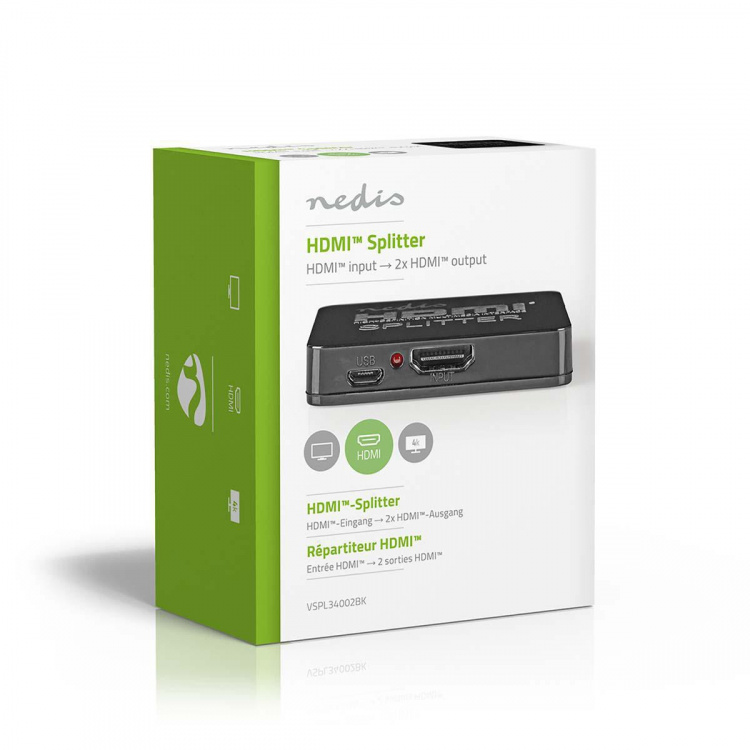 Nedis HDMI ™ Jakaja | 2-Porttinen port(s) | 2x HDMI™ Output | 4K@30Hz | 2.25 Gbps | ABS-Muovi / PVC | Musta Nedis HDMI ™ Jakaja | 2-Porttinen port(s) | 2x HDMI™ Output | 4K@30Hz | 2.25 Gbps | ABS-Muovi / PVC | Musta