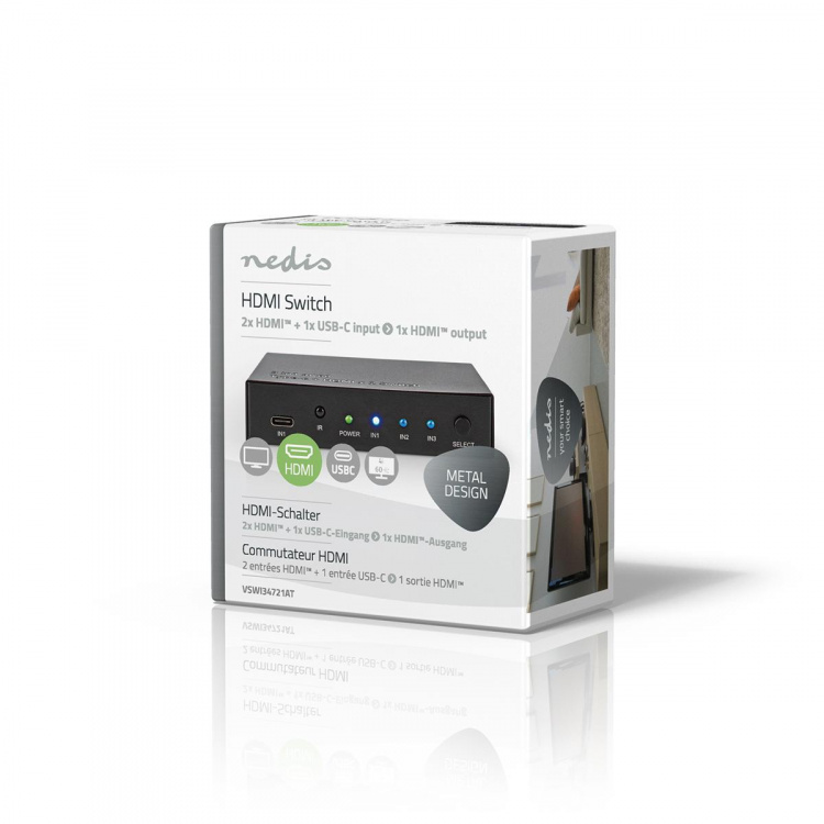 Nedis HDMI ™ Kytkin | 3-Porttinen port(s) | 1x USB-C™ / 2x HDMI™ Input | 1x HDMI™ Output | 4K@60Hz | 18.0 Gbps | Metalli | Antrasiitti