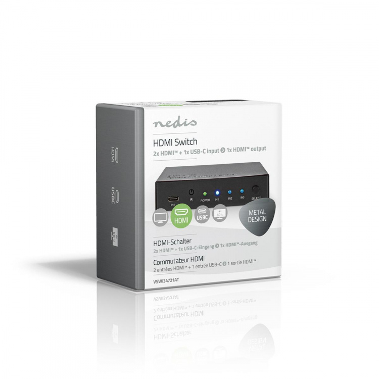 Nedis HDMI ™ Kytkin | 3-Porttinen port(s) | 1x USB-C™ / 2x HDMI™ Input | 1x HDMI™ Output | 4K@60Hz | 18.0 Gbps | Metalli | Antrasiitti