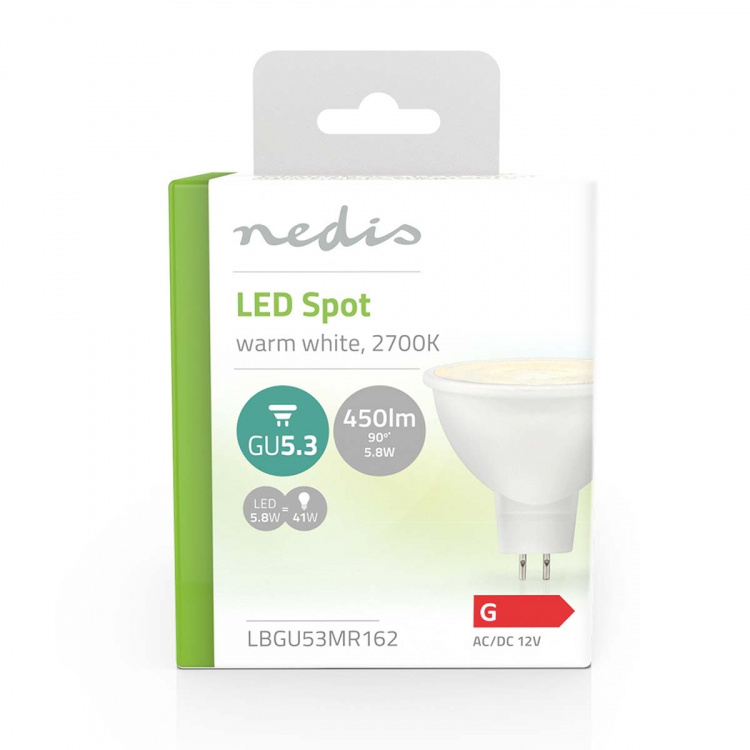 Nedis LED-Lamppu GU5.3 | Spot | 5.8 W | 450 lm | 2700 K | Lämmin Valkoinen | Kirkas | Pakkauksessa olevien lamppujen määrä: 1 kpl Nedis LED-Lamppu GU5.3 | Spot | 5.8 W | 450 lm | 2700 K | Lämmin Valkoinen | Kirkas | Pakkauksessa olevien lamppujen määrä: 1 kpl