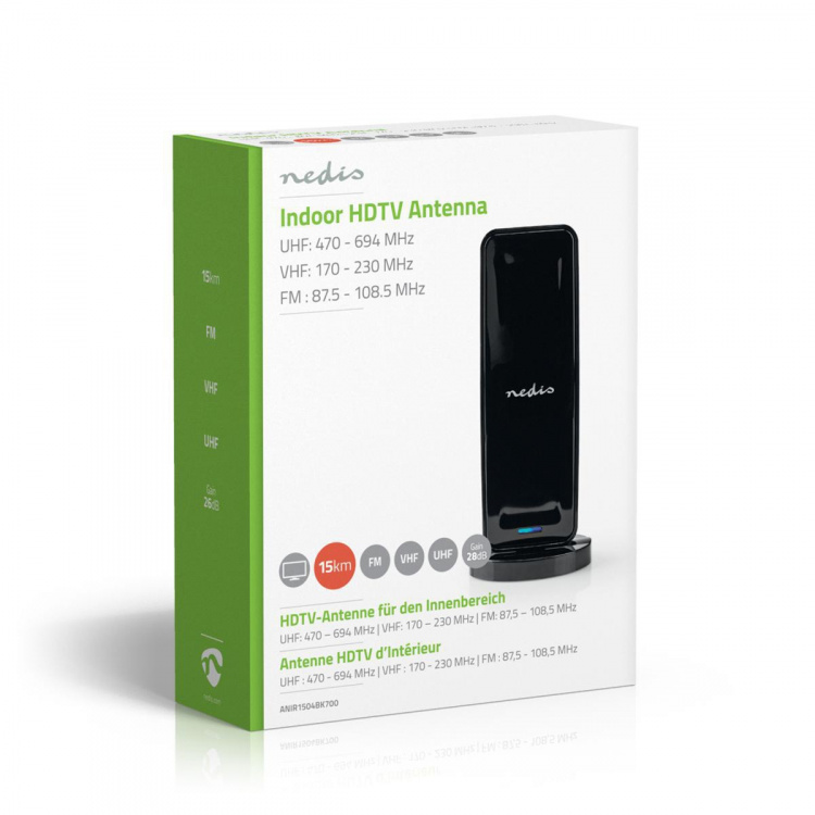 Nedis Sisäantenni | Aktiivinen | FM / UHF / VHF | Vastaanottoalue: 0-15 km | LTE700 | Vahvistus: 28 dB | ABS-Muovi | Musta