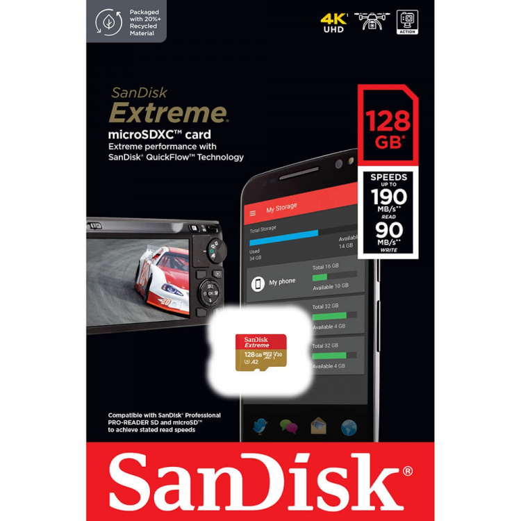 SANDISK MicroSDXC Extreme 128GB 190MB/s A2 C10 V30 UHS-I U3