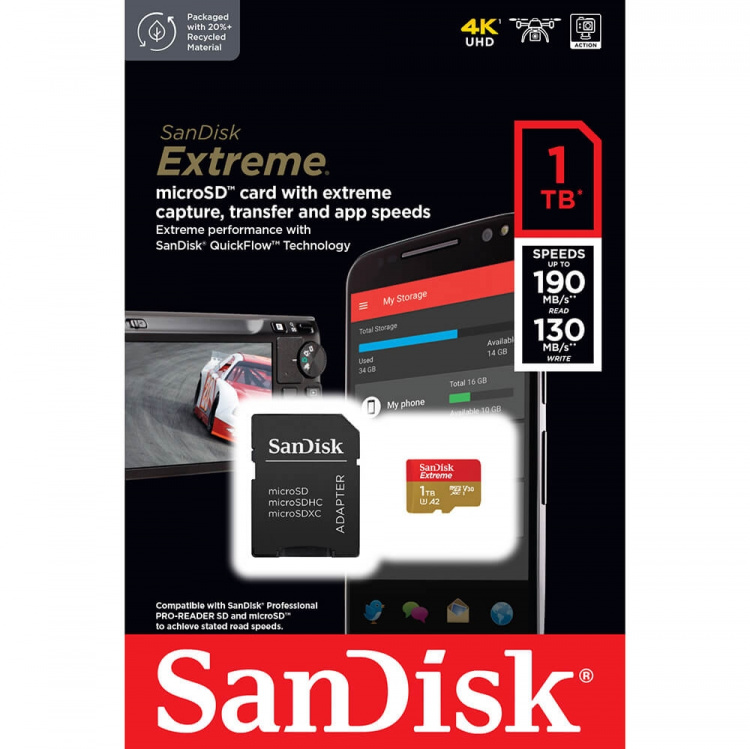 SanDisk MicroSDXC Extreme 1TB 190MB/s A2 C10 V30 med Adapter