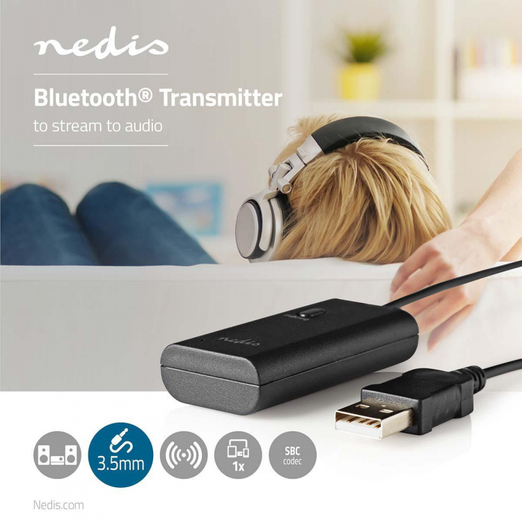Nedis Bluetooth®-lähetin | Tuloliitäntä: 1x AUX / 1x USB | SBC | Enintään 1 laite | Musta