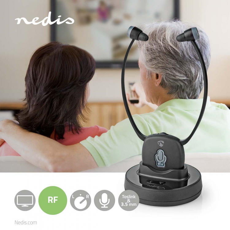 Nedis Langattomat TV-kuulokkeet | RF | In-Ear-Kuulokkeet | Suurin akun toistoaika: 7 tuntia | 25 m | Digitaalinen Audio | Lataustelakka | Tasapainon hallinta | Kuulovammaisten tuki | Musta