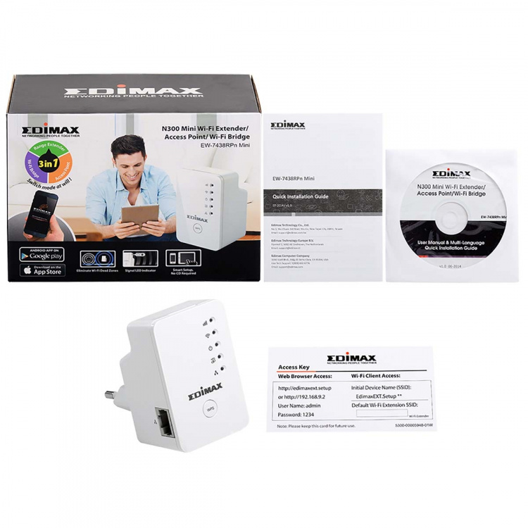 Edimax N300 Mini Wi-Fi Extender/Access Point/Wi-Fi Bridge valkoinen Edimax N300 Mini Wi-Fi Extender/Access Point/Wi-Fi Bridge valkoinen