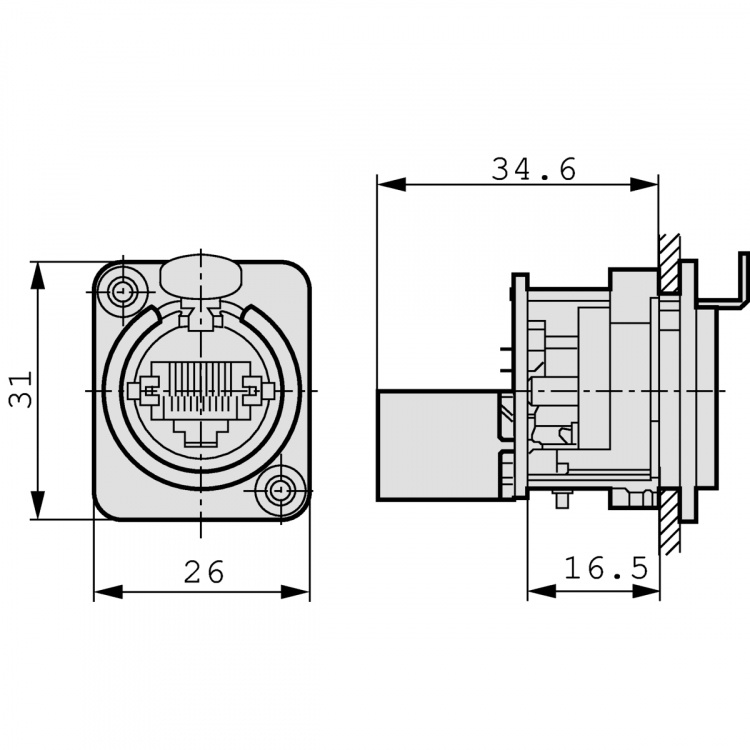 Neutrik RJ45-läpivienti, D-muotoinen metallilaippa salpalukolla, kiinnitysruuvit mukana