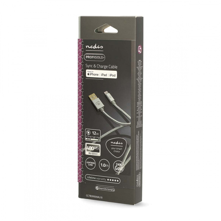 Nedis Lightning Kaapeli | USB 2.0 | Apple Lightning 8-Pin | USB-A Uros | 480 Mbps | Kullattu | 1.00 m | Pyöreä | Nailon / Punottu | Alumiini | Laatikko kannella ja ikkunalla