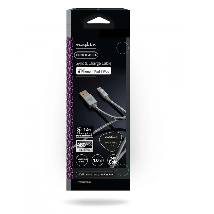 Nedis Lightning Kaapeli | USB 2.0 | Apple Lightning 8-Pin | USB-A Uros | 480 Mbps | Kullattu | 1.00 m | Pyöreä | Nailon / Punottu | Alumiini | Laatikko kannella ja ikkunalla