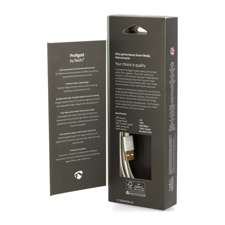 Nedis Lightning Kaapeli | USB 2.0 | Apple Lightning 8-Pin | USB-A Uros | 480 Mbps | Kullattu | 2.00 m | Pyöreä | Nailon / Punottu | Alumiini | Laatikko kannella ja ikkunalla