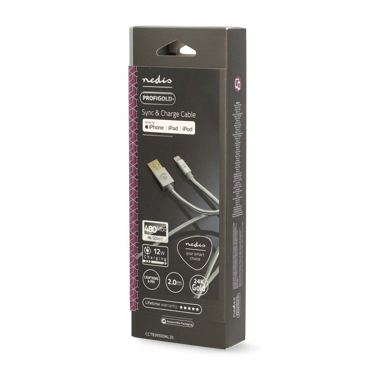 Nedis Lightning Kaapeli | USB 2.0 | Apple Lightning 8-Pin | USB-A Uros | 480 Mbps | Kullattu | 2.00 m | Pyöreä | Nailon / Punottu | Alumiini | Laatikko kannella ja ikkunalla