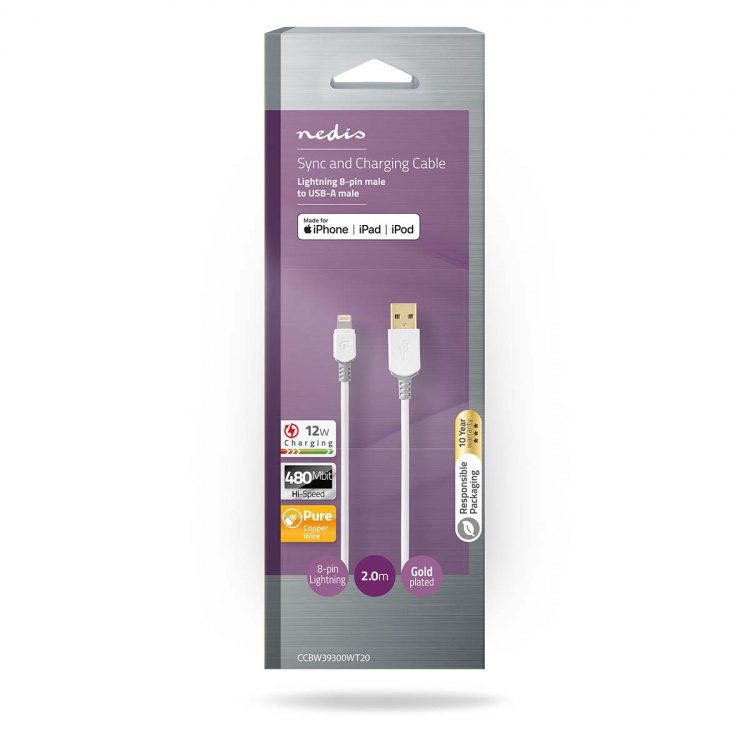 Nedis Lightning Kaapeli | USB 2.0 | Apple Lightning 8-Pin | USB-A Uros | 480 Mbps | Kullattu | 2.00 m | Pyöreä | PVC | Harmaa / Valkoinen | Laatikko Nedis Lightning Kaapeli | USB 2.0 | Apple Lightning 8-Pin | USB-A Uros | 480 Mbps | Kullattu | 2.00 m | Pyöreä | PVC | Harmaa / Valkoinen | Laatikko