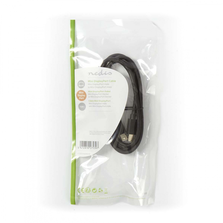 Nedis Mini DisplayPort kaapeli | DisplayPort 1.2 | Mini DisplayPort Uros | Mini DisplayPort Uros | 21.6 Gbps | Niklattu | 1.00 m | Pyöreä | PVC | Musta | Muovipussi