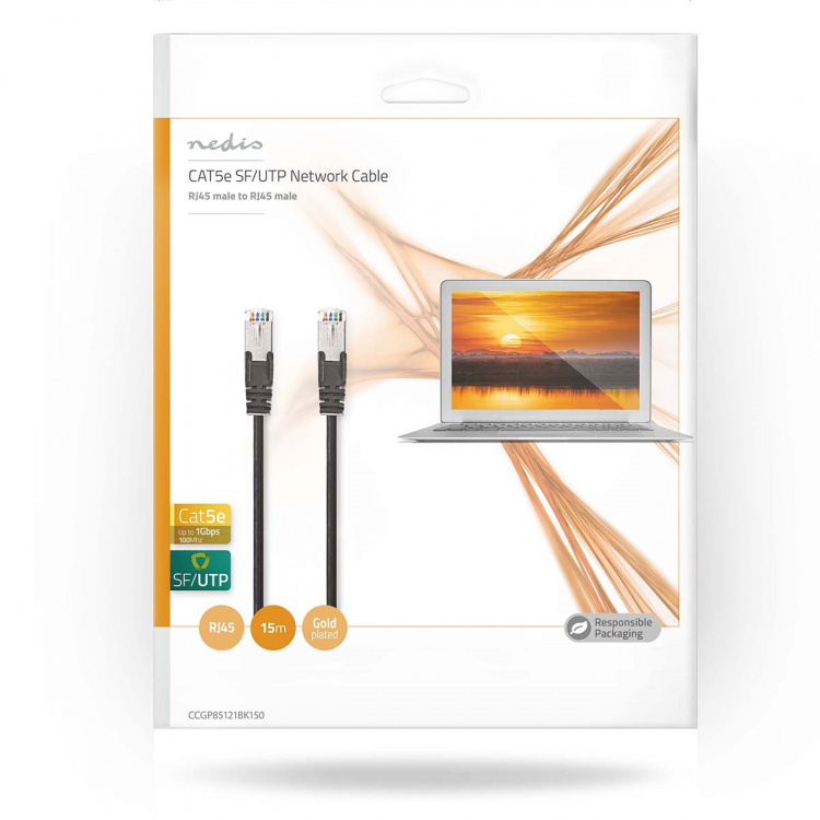 Nedis CAT5e verkkokaapeli | SF/UTP | RJ45 uros | RJ45 uros | 15.0 m | Pyöreä | PVC | Musta | Kirjekuori Nedis CAT5e verkkokaapeli | SF/UTP | RJ45 uros | RJ45 uros | 15.0 m | Pyöreä | PVC | Musta | Kirjekuori