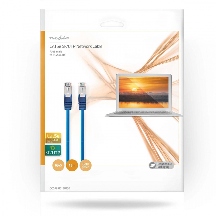 Nedis CAT5e verkkokaapeli | SF/UTP | RJ45 uros | RJ45 uros | 15.0 m | Pyöreä | PVC | Sininen | Kirjekuori Nedis CAT5e verkkokaapeli | SF/UTP | RJ45 uros | RJ45 uros | 15.0 m | Pyöreä | PVC | Sininen | Kirjekuori