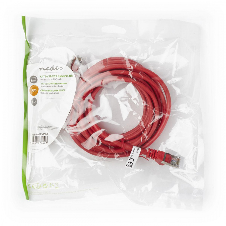 Nedis CAT5e verkkokaapeli | SF/UTP | RJ45 uros | RJ45 uros | 5.00 m | Pyöreä | PVC | Punainen | Muovipussi