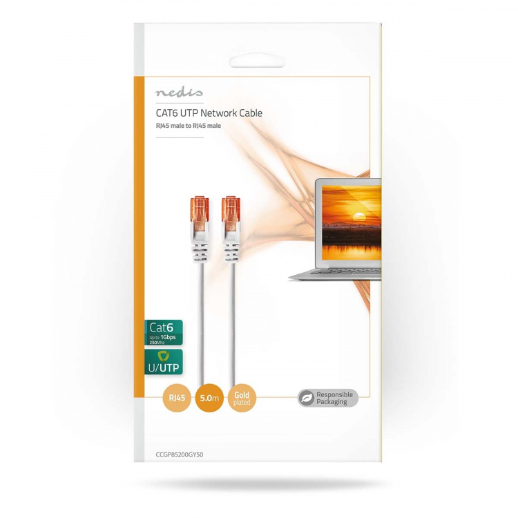 Nedis CAT6 Verkkokaapeli | RJ45 uros | RJ45 uros | U/UTP | 5.00 m | Pyöreä | PVC | Harmaa | Kirjekuori