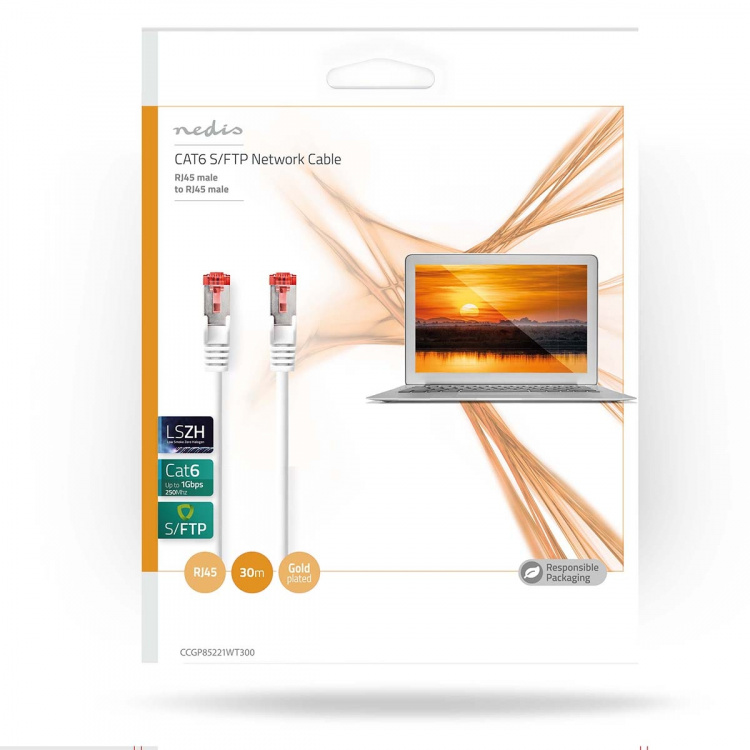 Nedis CAT6 Verkkokaapeli | RJ45 uros | RJ45 uros | S/FTP | 30.0 m | Pyöreä | LSZH | Valkoinen | Kirjekuori Nedis CAT6 Verkkokaapeli | RJ45 uros | RJ45 uros | S/FTP | 30.0 m | Pyöreä | LSZH | Valkoinen | Kirjekuori
