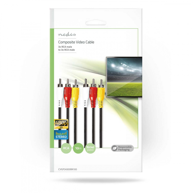 Nedis Komposiittivideokaapeli | 3x RCA uros | 3x RCA uros | Niklattu | 480p | 10.0 m | Pyöreä | PVC | Musta | Kirjekuori Nedis Komposiittivideokaapeli | 3x RCA uros | 3x RCA uros | Niklattu | 480p | 10.0 m | Pyöreä | PVC | Musta | Kirjekuori