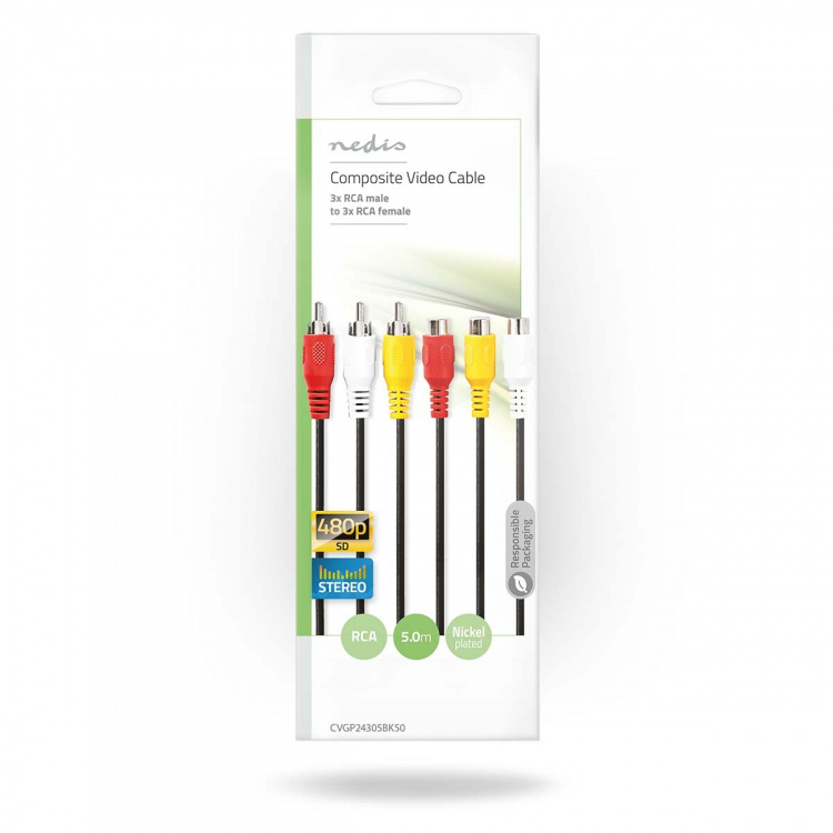 Nedis Komposiittivideokaapeli | 3x RCA uros | 3x RCA naaras | Niklattu | 480p | 5.00 m | Pyöreä | PVC | Musta | Kirjekuori Nedis Komposiittivideokaapeli | 3x RCA uros | 3x RCA naaras | Niklattu | 480p | 5.00 m | Pyöreä | PVC | Musta | Kirjekuori