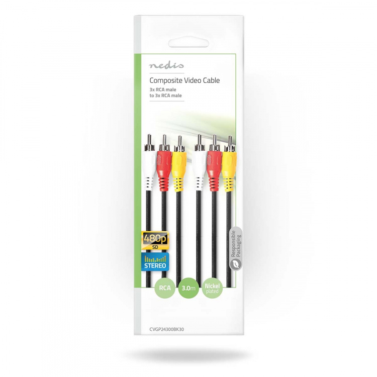 Nedis Komposiittivideokaapeli | 3x RCA uros | 3x RCA uros | Niklattu | 480p | 3.00 m | Pyöreä | PVC | Musta | Kirjekuori
