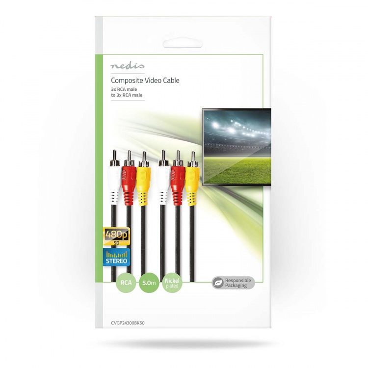 Nedis Komposiittivideokaapeli | 3x RCA uros | 3x RCA uros | Niklattu | 480p | 5.00 m | Pyöreä | PVC | Musta | Kirjekuori