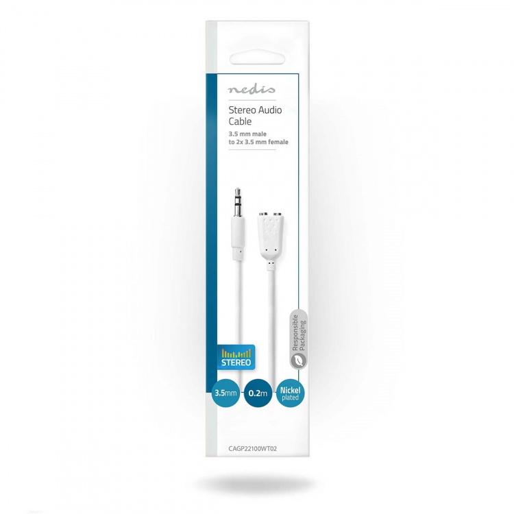 Nedis Stereoäänikaapeli | 3.5 mm uros | 2x 3.5 mm naaras | Niklattu | 0.20 m | Pyöreä | Valkoinen | Kirjekuori Nedis Stereoäänikaapeli | 3.5 mm uros | 2x 3.5 mm naaras | Niklattu | 0.20 m | Pyöreä | Valkoinen | Kirjekuori
