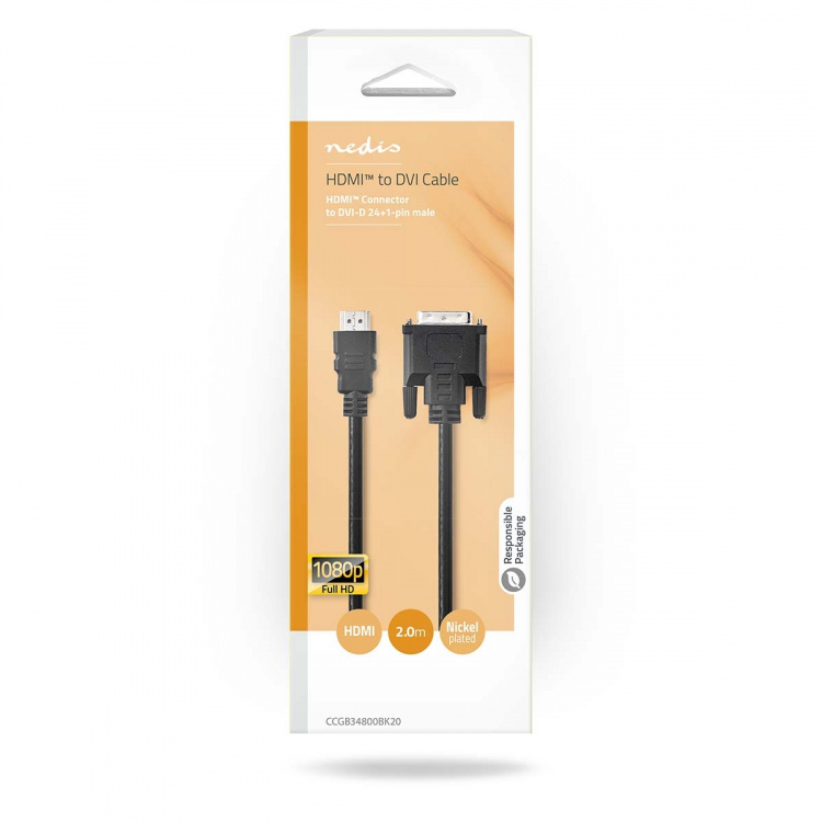 Nedis HDMI™ -kaapeli | HDMI™ liitin | DVI-D 24+1-Pin Uros | 1080p | Niklattu | 2.00 m | Suora | PVC | Musta | Laatikko