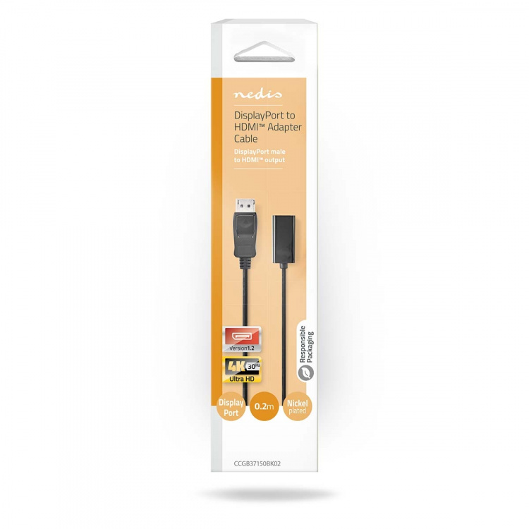 Nedis DisplayPort kaapeli | DisplayPort uros | HDMI™ Ulostulo | 4K@30Hz | Niklattu | 0.20 m | Pyöreä | PVC | Musta | Laatikko Nedis DisplayPort kaapeli | DisplayPort uros | HDMI™ Ulostulo | 4K@30Hz | Niklattu | 0.20 m | Pyöreä | PVC | Musta | Laatikko
