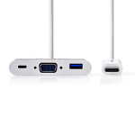 Nedis USB N Moniporttisovitin | 3-in-1 | USB 3.1 | USB-C™ Uros | USB-A Naaras / USB-C™ Naaras / VGA Naaras | 5 Gbps | 0.20 m | Pyöreä | Niklattu | PVC | Valkoinen | Blister